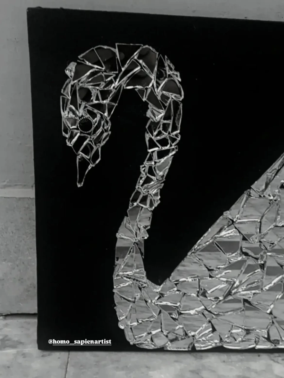 Handmade swan mosaic mirror art on black canvas by Homosapien Artist