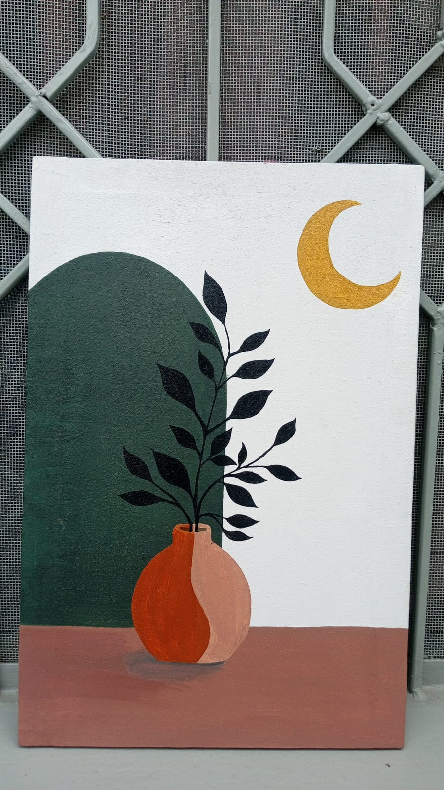 Minimalist boho botanical painting with terracotta vase, dark green arch, and crescent moon by Homosapien Artist